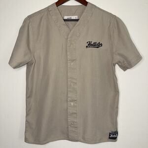 Hollister Baseball Button Up Shirt Boys Youth Medium Khaki Short Sleeve Casual